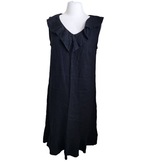 Match Point USA Midi‎ Maxi Dress Size M 100% Linen Ruffle Neck Black Sleeveless - Picture 1 of 14